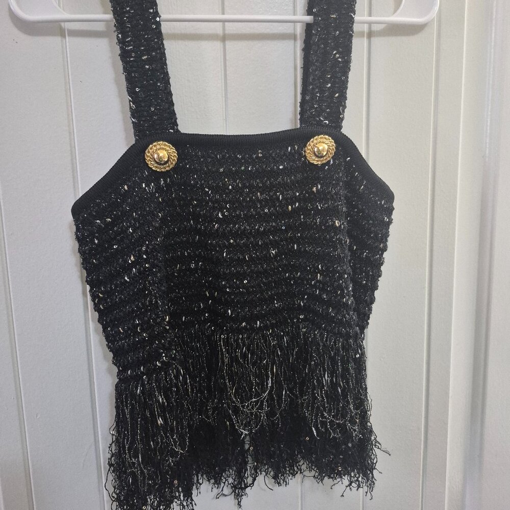 Balmain Fringe Tweed Peplum Top